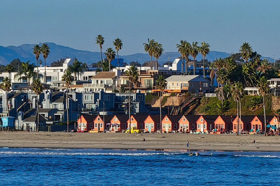 Oceanside waterfront buildings seen from the water