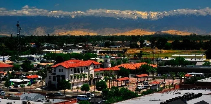 Visalia's transit-center area with mountains beyond